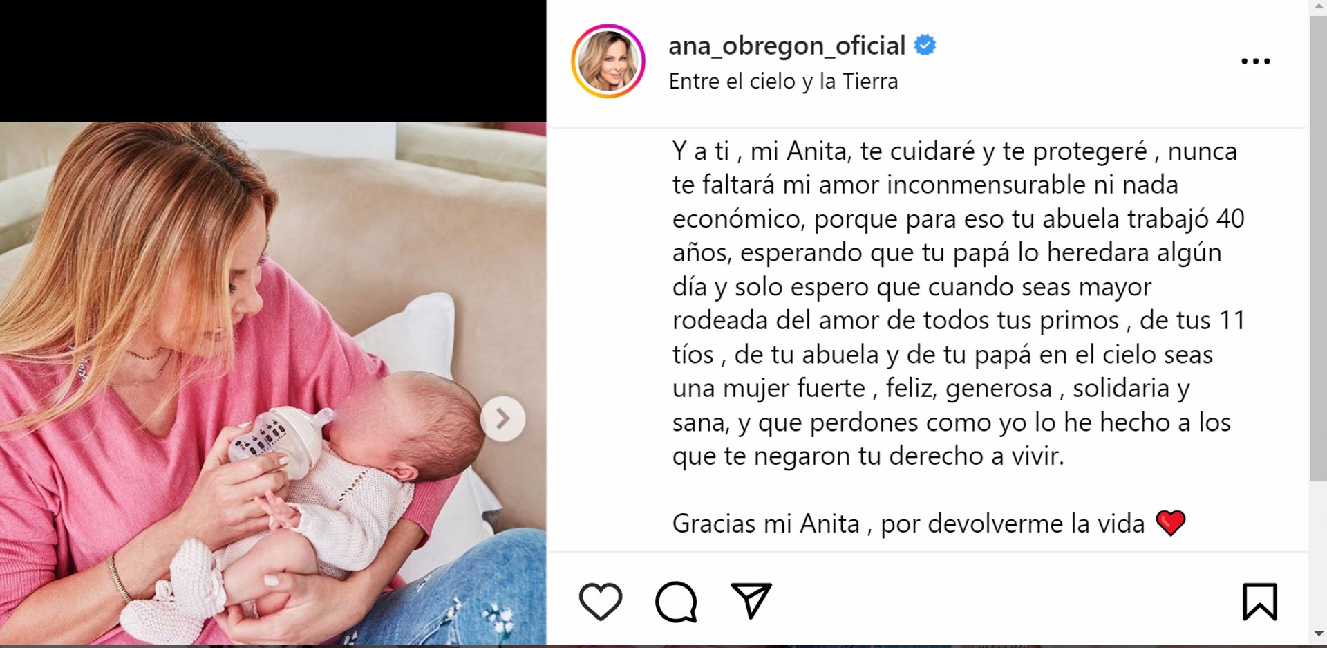 Mensaje publicado en Instagram por Ana Obregón