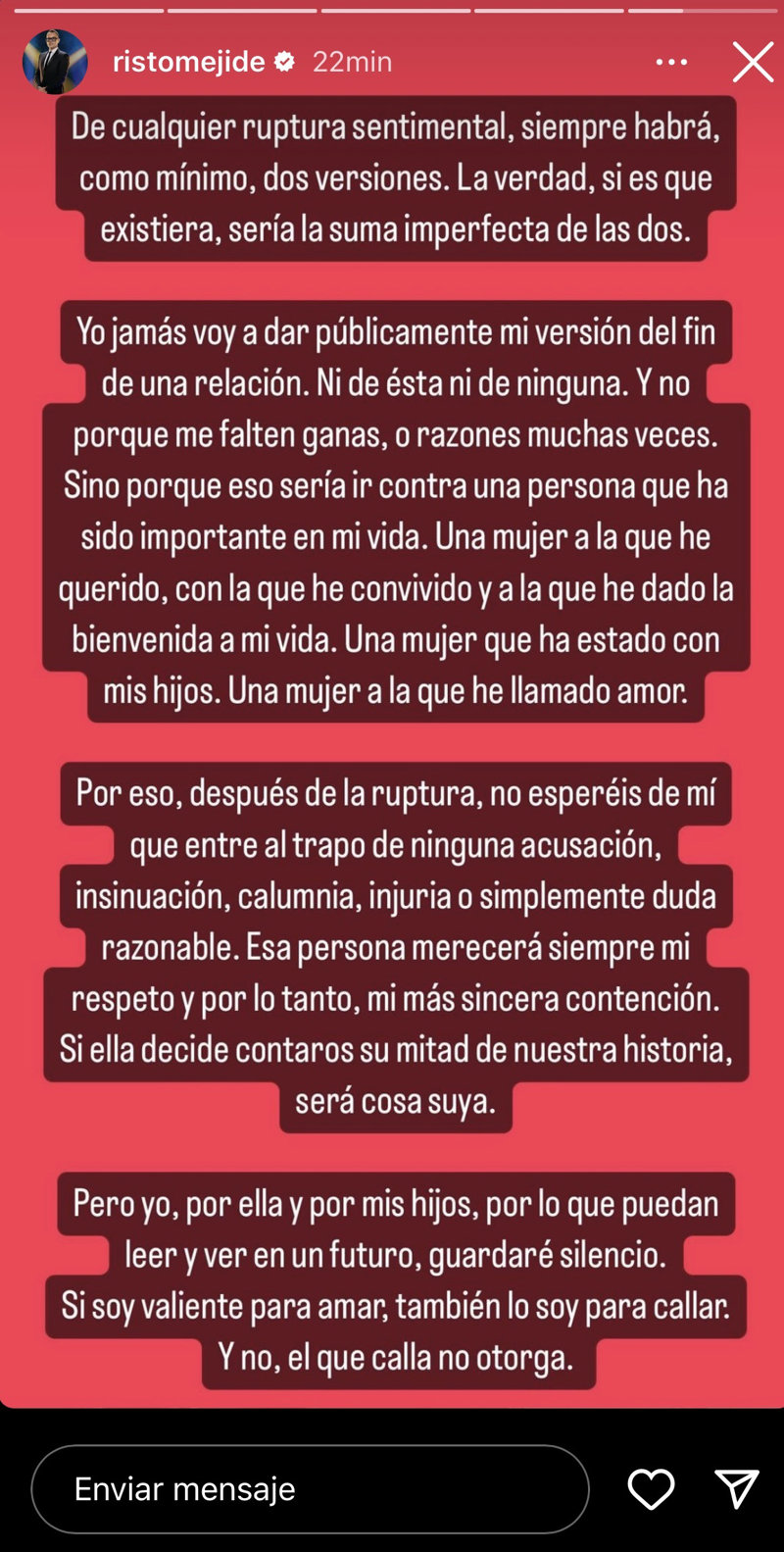 Mensaje con el que Risto Mejide ha confirmado su ruptura 