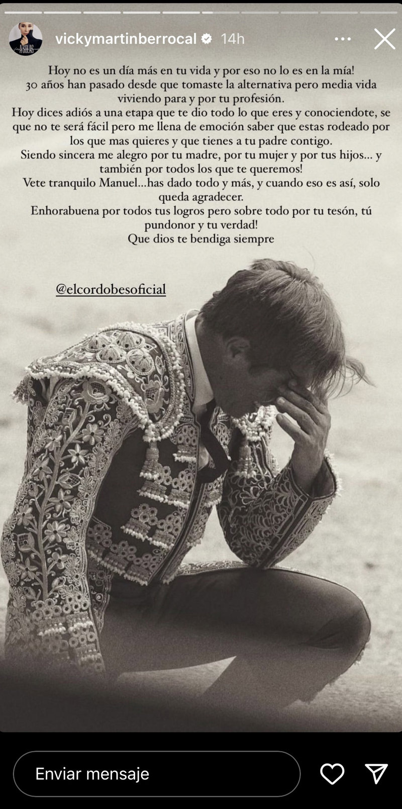 Emotiva carta de Vicky Martín Berrocal a Manuel Díaz 'El Cordobés' en su retirada