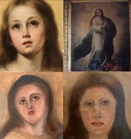 Arriba: Imagen de una Inmaculada original (i) y la copia del coleccionista . Abajo: Resultado de las dos intervenciones sobre la copia