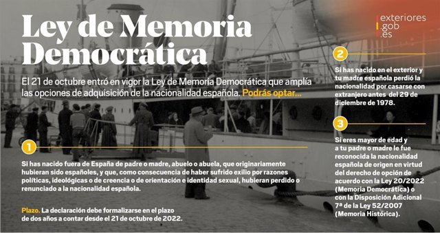 Cartel informativo del Ministerio de Asuntos Exteriores sobre la obtención de la nacionalidad española en virtud de la Ley de Memoria Democrática