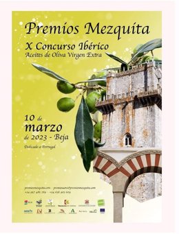 Cartel del Concurso Ibérico a la Calidad de los Aceites de Oliva Virgen Extra, Premios Mezquita, que estará dedicado este año a Portugal y se celebrará en Beja.