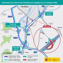 Croquis que muestra los viales que se cortarán al tráfico en el enlace 405 de la A-4 a partir del sábado 25 y los itinerarios preferentes a través del resto de enlaces que se mantendrán operativos en Córdoba.