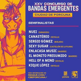 Cartel con los semifinalistas del XXV Concurso de Bandas Emergentes de Porcuna.