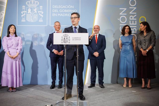 El ministro de la Presidencia, Relaciones con las Cortes y Memoria Democrática, Félix Bolaños, interviene durante la toma de posesión del nuevo delegado del Gobierno en la Comunidad de Madrid en la Delegación del Gobierno, a 30 de marzo de 2023, en Madrid