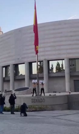 Dos activistas de 'Femen' se encadenan en la entrada del Senado para exigir la derogación de la Ley Mordaza.