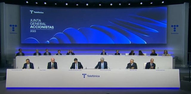El presidente de Telefónica, José María Álvarez Pallete, durante el discurso de apertura de la junta de accionistas del grupo