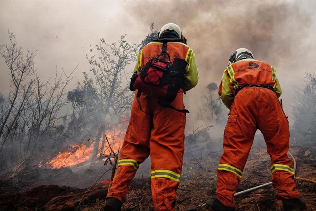 Bomberos de Asturias treabajan en el incendio de los concejos de Valdes y Tineo, a 30 de marzo de 2023, en Asturias (España). La consejera de Presidencia del Gobierno asturiano, Rita Camblor, se ha referido este jueves a los numerosos incendios forestales