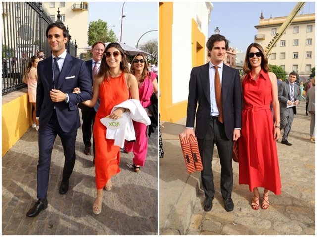 Cayetana Rivera, acompañada por Manuel Vega, y los Duques de Huéscar, a su llegada a la corrida del Domingo de Resurrección en Sevilla