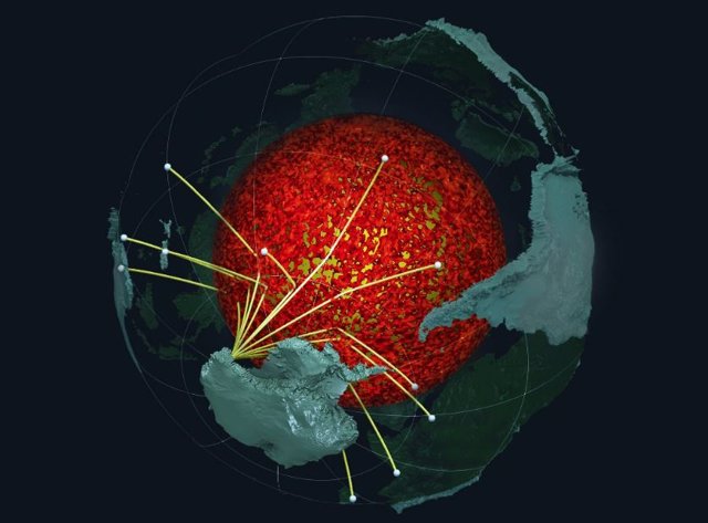 En esta representación de las imágenes subterráneas, las ondas sísmicas de los terremotos en el hemisferio sur muestrean la estructura ULVZ a lo largo del límite entre el núcleo y el manto de la Tierra y son registradas por sensores en la Antártida.