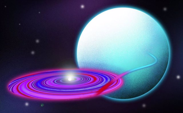 Los astrónomos del MIT mapearon los "vientos de disco" asociados con el disco de acreción alrededor de Hércules X-1, un sistema en el que una estrella de neutrones extrae material de una estrella similar al Sol, representada como la esfera verde azulado.