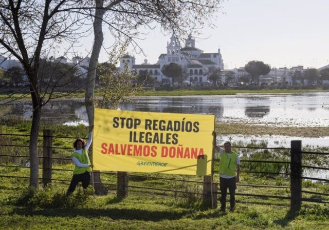 Activistas de Greenpeace colocan una pancanta en El Rocío. Archivo. 