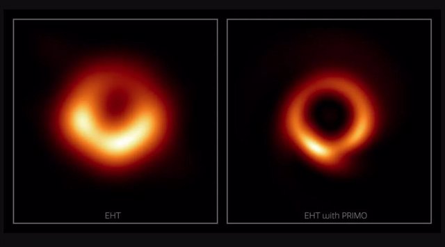 Antes y después: (izquierda) el agujero negro supermasivo visto por el EHT en 2019. (Derecha) el agujero negro M87 después de su cambio de imagen PRIMO.