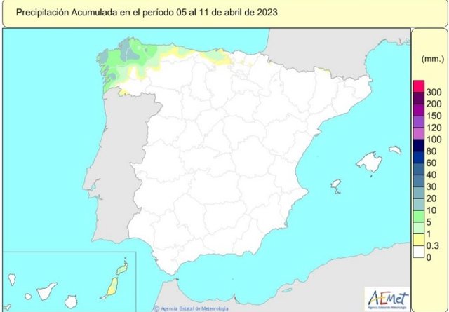 Las lluvias solo dejaron más de 10 litros por metro cuadrado en Galicia entre el 4 y el 11 de abril. En la mayor parte de España no se registraron precipitaciones, según la AEMET.