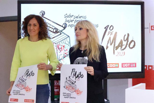 La secretaria general de CCOO-A, Nuria López, y la secretaria general de UGT-A, Carmen Castilla en la presentación de las movilizaciones del 1 de mayo