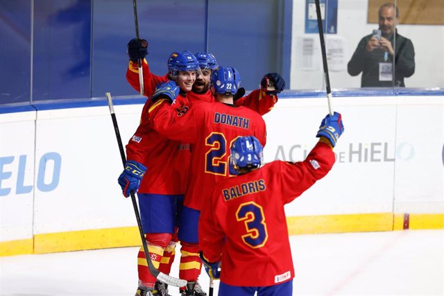 Quim Muratet of Spain celebrates a goal during the Ice Hockey World Championship, Division II, Group A, played at Ice Palace pavilion on April 19, 2023, in Madrid, Spain.
