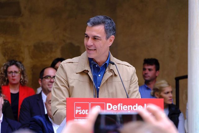 El presidente del Gobierno de España, Pedro Sánchez, interviene durante la clausura el acto público de presentación de candidaturas para el 28 de mayo, a 22 de abril de 2023, en Jaén (Andalucía, España).