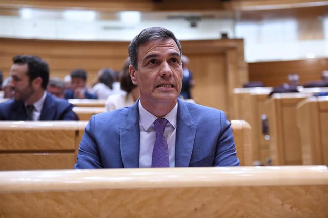 El presidente del Gobierno, Pedro Sánchez, durante un pleno del Senado, a 25 de abril de 2023, en Madrid (España). Sánchez y Feijóo se enfrentan hoy a su cuarto cara a cara en el Pleno del Senado. El debate, a tan solo dos semanas para que arranque oficia