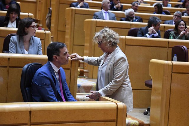 Archivo - El presidente del Gobierno, Pedro Sánchez, y la senadora por ERC, Mirella Cortes, durante una sesión de control al Gobierno en el Senado, a 21 de febrero de 2023, en Madrid (España). Durante la sesión, el PP ha aludido a la división que existe, 