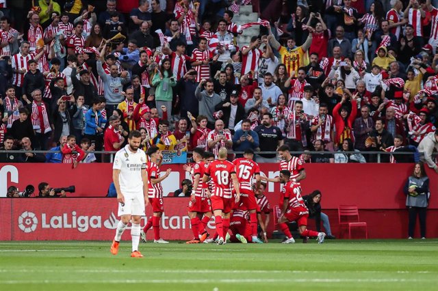 Yan Couto of Girona FC celebrates a goal during the spanish league, La Liga Santander, football match played between Girona FC and Real Madrid at Montilivi stadium on April 25, 2023, in Girona, Spain.