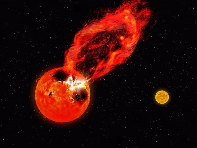 Impresión artística de la superllamarada observada en una de las estrellas del sistema estelar binario V1355 Orionis. La estrella compañera binaria es visible en el fondo a la derecha.