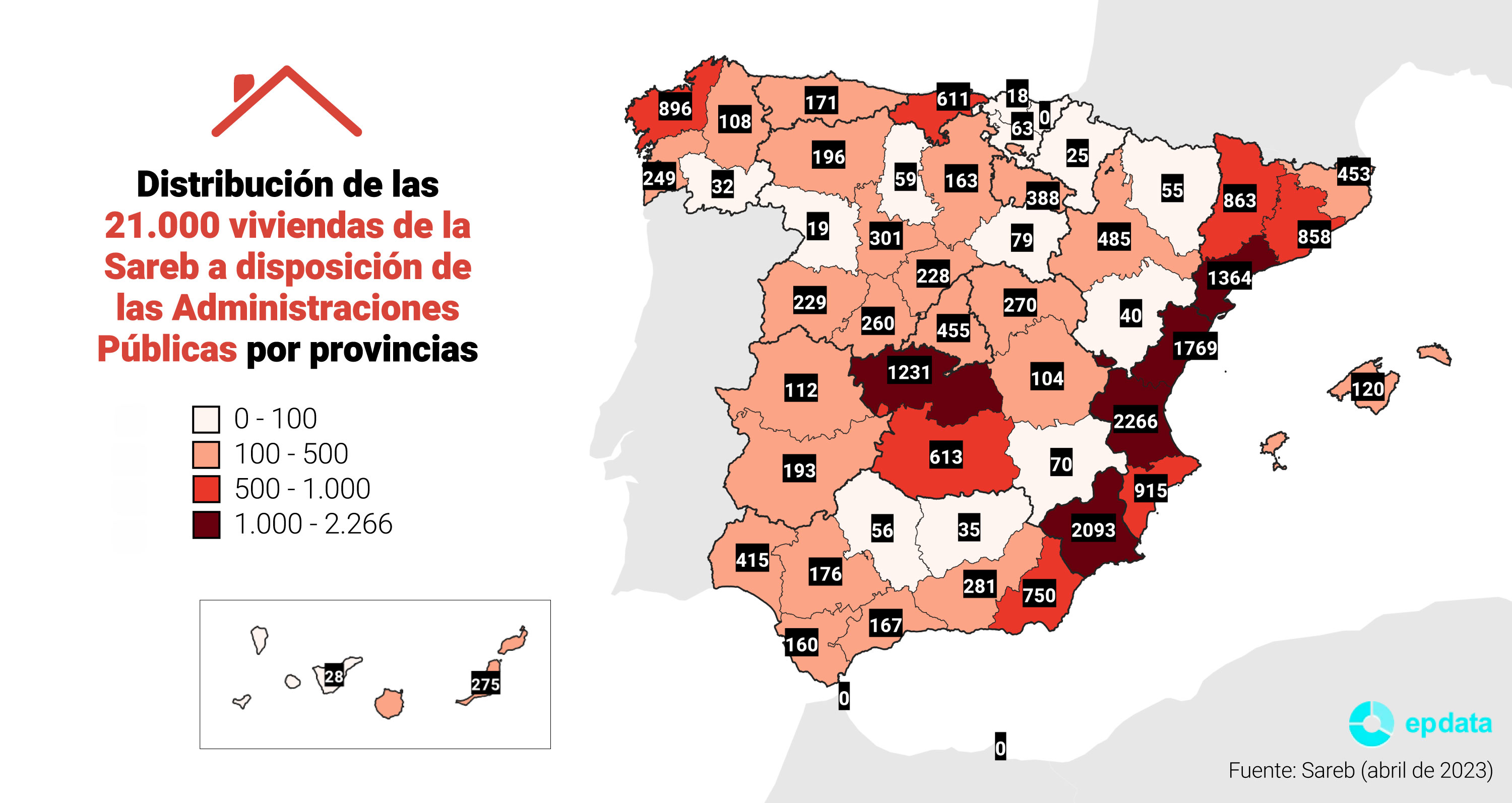 Mapa que representa la disposición de las 21.000 viviendas que la Sareb pondrá a disposición de las Administraciones Públicas por provincias