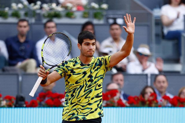 Carlos Alcaraz of Spain in action against Grigor Dimitrov of Bulgaria during the Mutua Madrid Open 2023 celebrated at Caja Magica on Abril 30, 2023 in Madrid, Spain.