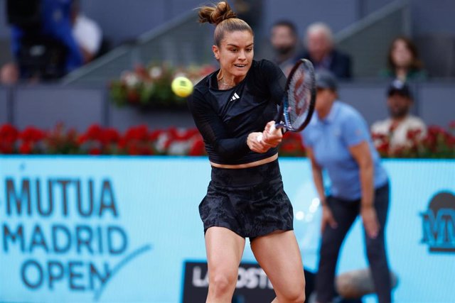 Maria Sakkari of Greece in action against Irina Camelia Begu of Romania during the Mutua Madrid Open 2023 celebrated at Caja Magica on May 02, 2023 in Madrid, Spain.