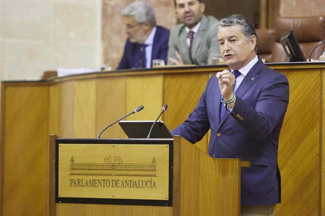 El consejero de Presidencia, Interior, Diálogo Social y Simplificación Administrativa de la Junta de Andalucía, Antonio Sanz, interviene durante la primera jornada del Pleno del Parlamento andaluz en el Parlamento de Andalucía, a 3 de mayo de 2023.