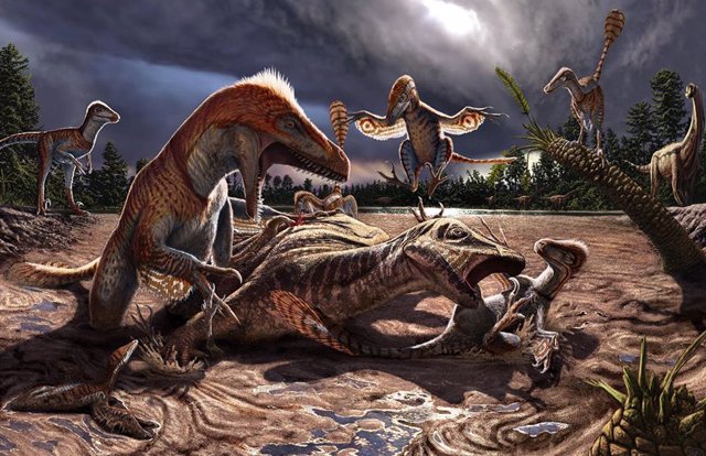 Ilustración de los grandes raptores que vivieron en el actual Utah hace 135 millones de años