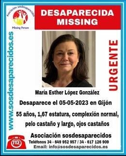 Mensaje de la Asociación SOS Desaparecidos en redes sociales para tratar de localizar a una mujer de 55 años desaparecida en Gijón este viernes 5 de mayo.