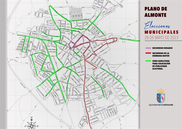 Plano con las zonas de exclusión y de colocación de cartelería electoral en Almonte (Huelva).