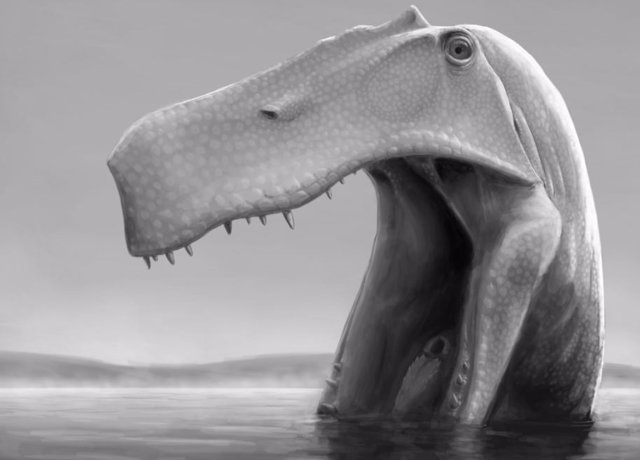 Brasil en el Cretácico Inferior, hace 115 Ma: el dinosaurio depredador Irritator challengeri se alimenta con las mandíbulas inferiores extendidas en aguas poco profundas para presas pequeñas, incluidos los peces.
