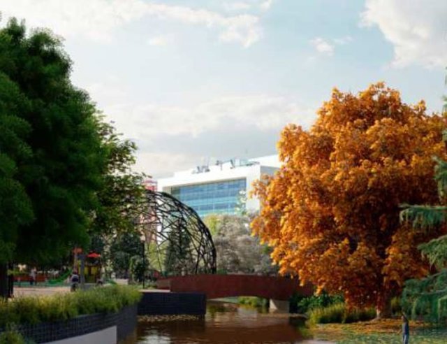 Recreación del nuevo parque de la Comunicación, con la 'cúpula geodésica'.