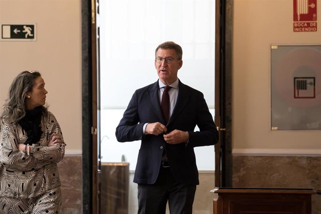 El presidente del PP, Alberto Núñez Feijóo, a su llegada a una sesión plenaria en el Senado, a 17 de mayo de 2023, en Madrid (España). 