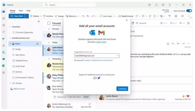 Interfaz de Microsoft Outlook con la integración de Gmail