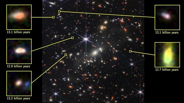 Esta imagen del cúmulo de galaxias SMACS 0723 y sus alrededores fue la primera imagen publicada por el telescopio espacial James Webb en julio de 2023.