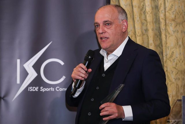 Javier Tebas receives an award during the ISDE Sports Convention at Palacio de Santona on May 19, 2023 in Madrid, Spain.