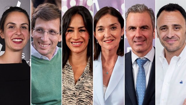 Rita Maestre (Más Madrid), José Luis Martínez-Almeida (PP), Begoña Villacís (Ciudadanos), Reyes Maroto (PSOE), Javier Ortega Smith (Vox) y Roberto Sotomayor (Podemos-IU-Alianza Verde), candidatos a la Alcaldía de Madrid