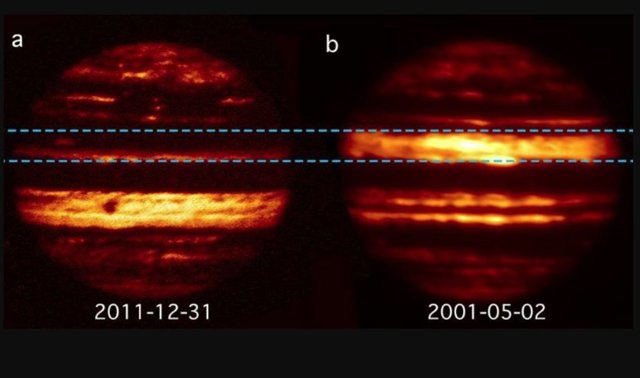 Imágenes de un telescopio infrarrojo terrestre que muestran a Júpiter con una radiación de longitud de onda de 5 micras.
