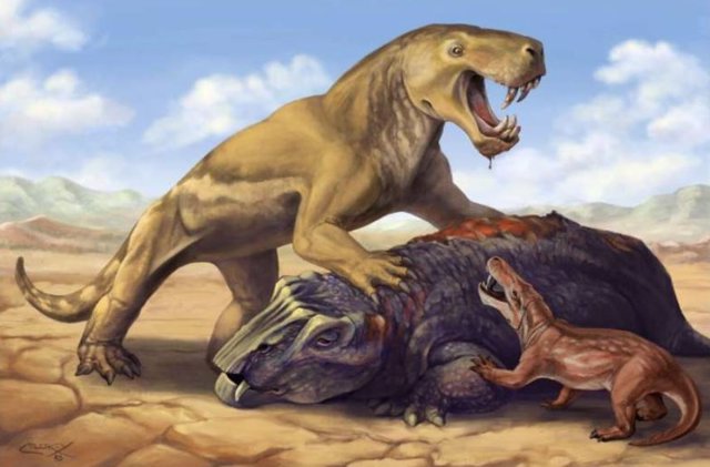 Gorgonopsian gigante Inostrancevia con su presa dicinodonte, asustando a la especie africana mucho más pequeña Cyonosaurus.