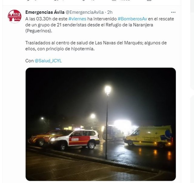 Captura del tuit sobre el rescate de los senderistas.