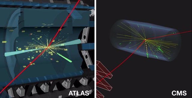 Eventos candidatos de ATLAS (izquierda) y CMS (derecha) para un bosón de Higgs que se descompone en un bosón Z y un fotón, con el bosón Z decayendo en un par de muones.