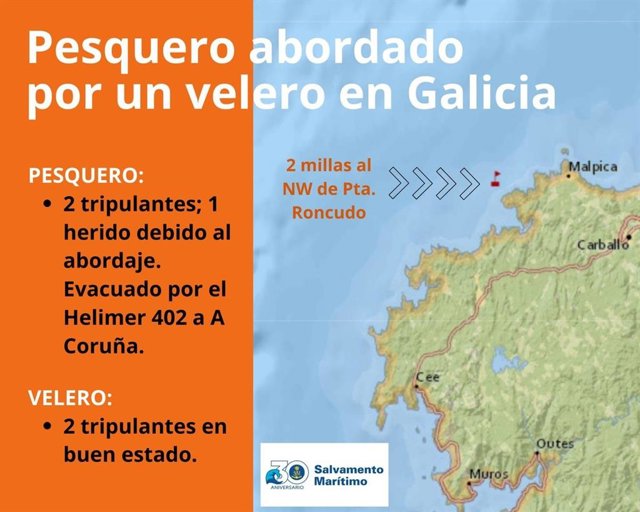Un velero se da a la fuga tras embestir a un pesquero y dejar herido a su patrón en Corme (A Coruña)
