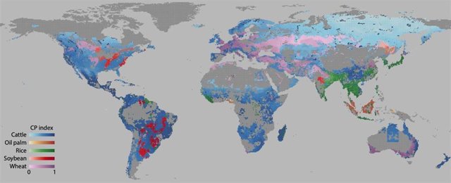 El mapa muestra el índice de prioridad de uso y conservación de la tierra para los principales productos agrícolas.