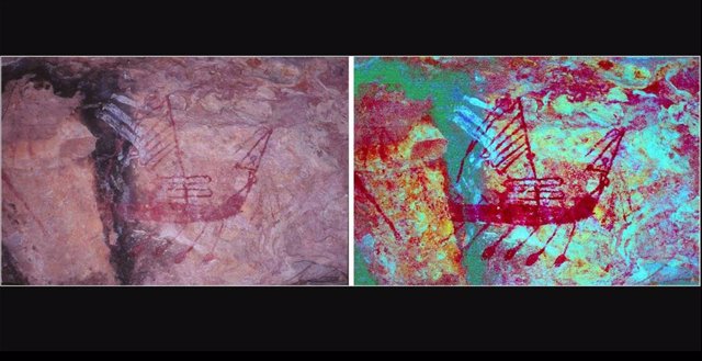 Imágenes raras de barcos de las Molucas de las islas orientales de Indonesia en pinturas de arte rupestre
