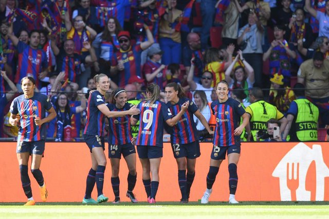 Les futbolistes del Barça celebren un gol durant la final de la Champions League.