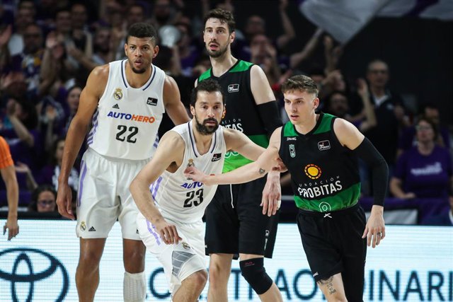 Walter Samuel Tavares da Veiga and Sergio Llull Melia of Real Madrid and Ante Tomic and Kyle Guy of Joventut Badalona in action during Semifinals of Liga Endesa basketball match between Real Madrid and Joventut Badalona.