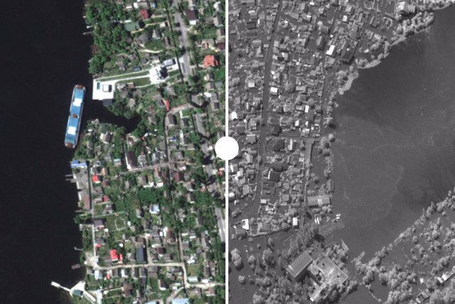 El antes y el después de la destrucción de la presa en Ucrania