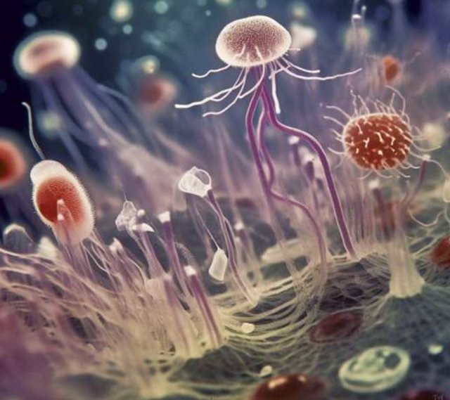 La imaginación del artista de un conjunto de organismos eucariotas primordiales de la 'biota de protosterol' que habitan una alfombra bacteriana en el fondo del océano.